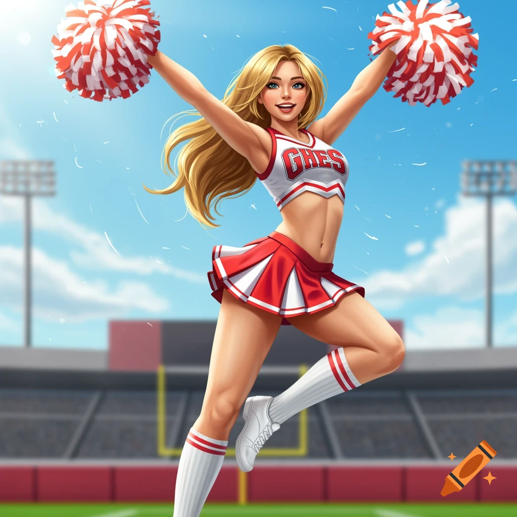 A young female cheerleader is captured mid-leap in a stadium, holding red and white pom-poms.