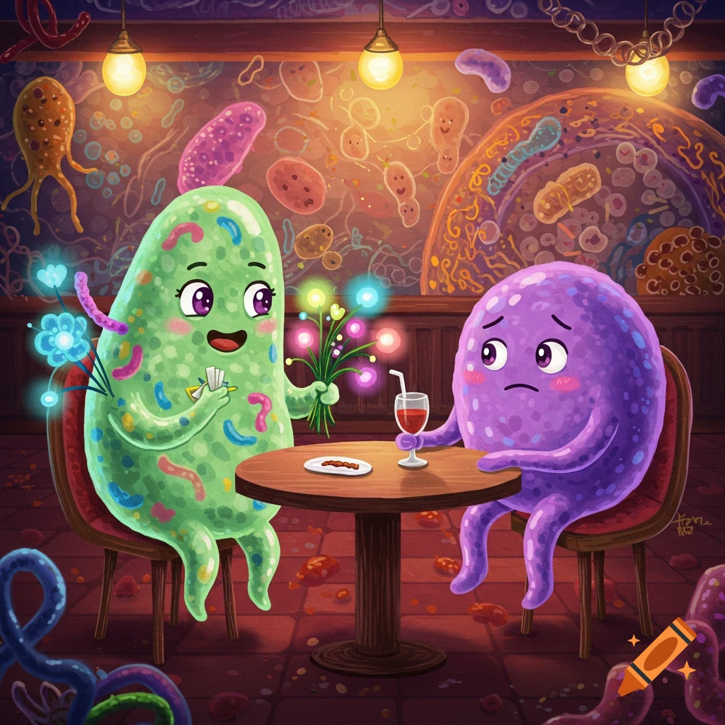 Two cartoon microorganisms on a date, one holding flowers, the other looking sad.