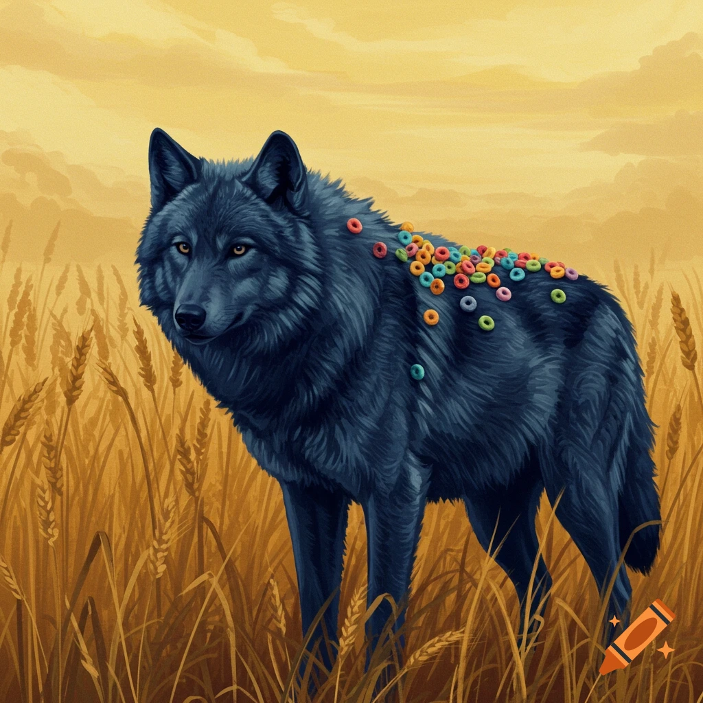 A black wolf stands in a wheat field, with colorful cereal on its back.