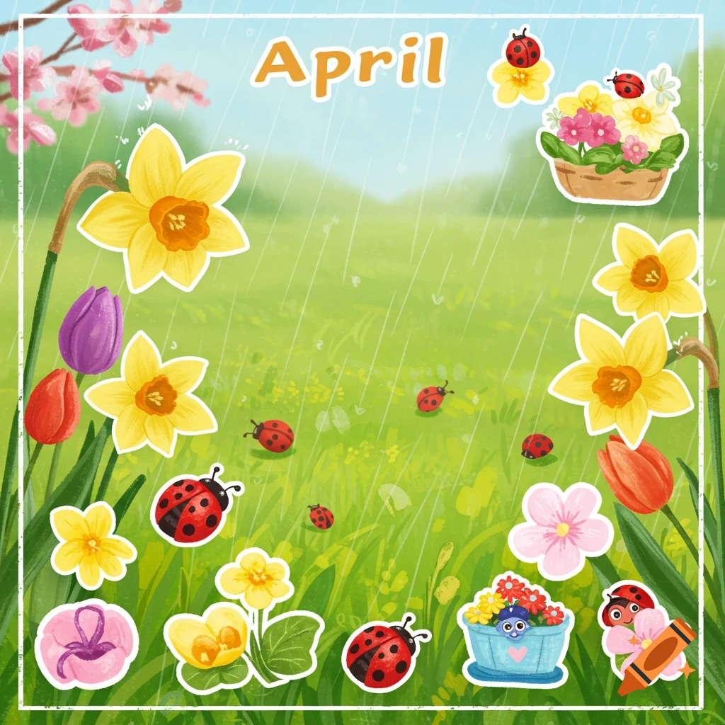 Rainy spring scene with flowers, ladybugs, and the word April in a sticker style.