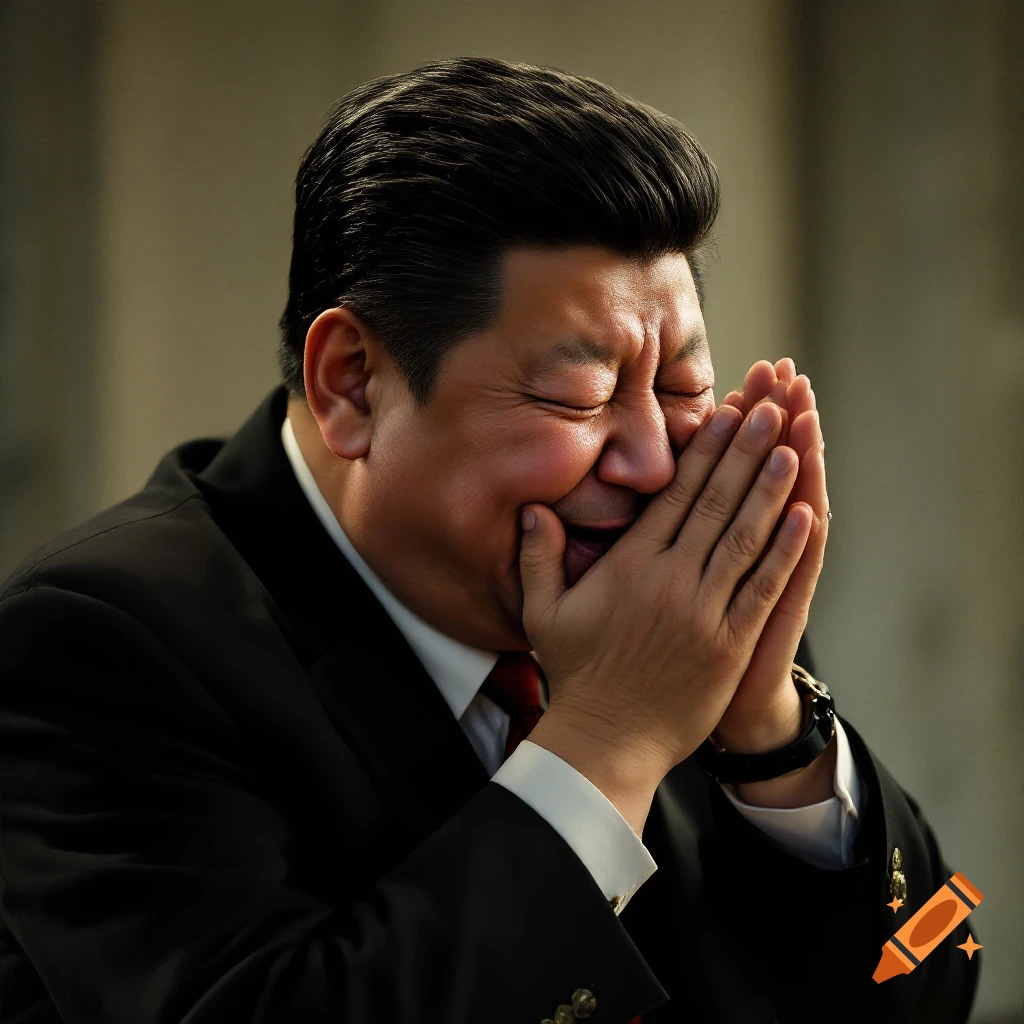 Close-up photorealistic portrait of a man with closed eyes covering his mouth and nose with his hands, appearing to laugh or cry.