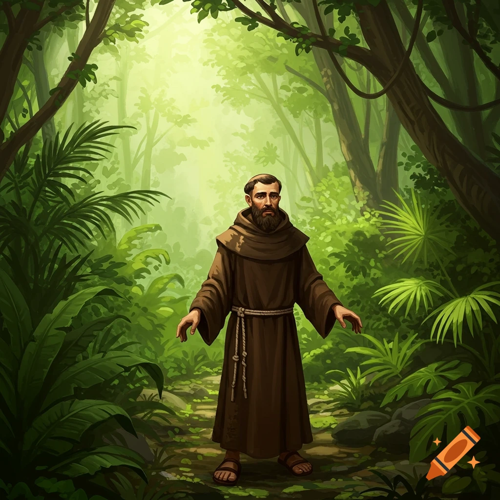 Painting of a friar in a lush tropical jungle.