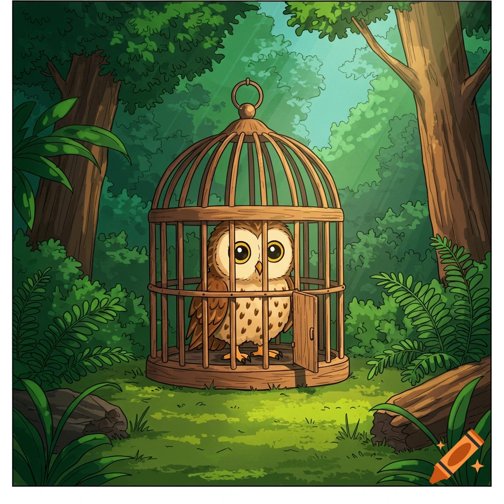 A cartoon owl sits in a cage in a forest clearing.