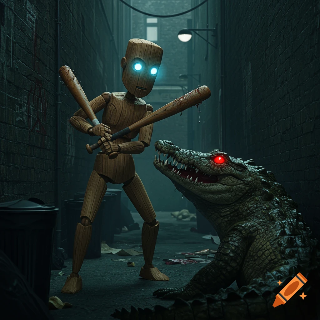 A wooden figure with glowing eyes fights an alligator with glowing red eyes in a dark alley.