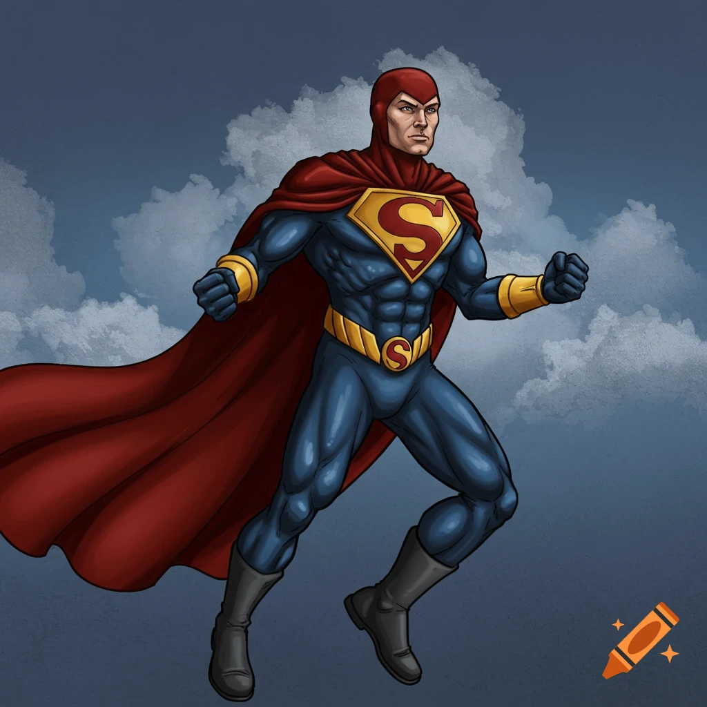 A male superhero in a blue suit with red cape and S symbol shield flying against a cloudy sky.