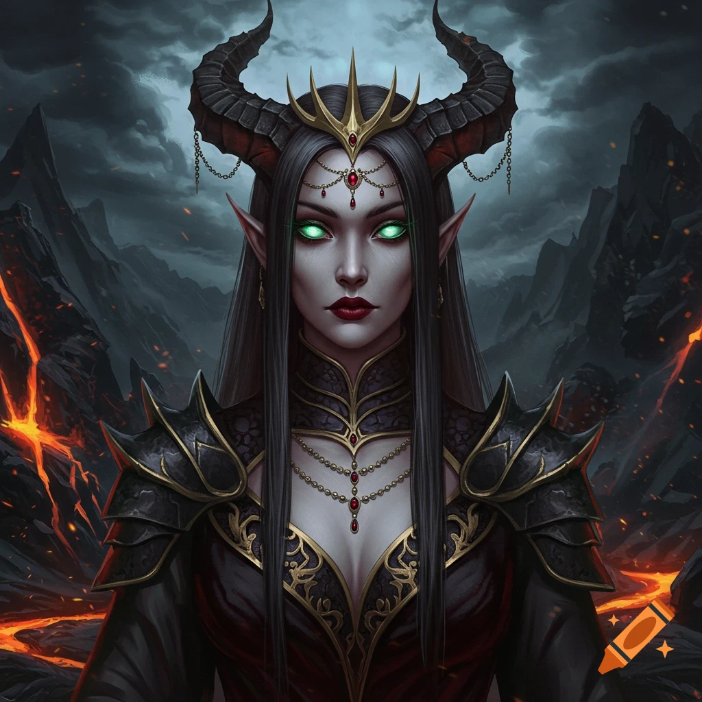 A demon queen with horns, glowing green eyes, dark hair, and ornate armor is set against a volcanic landscape.