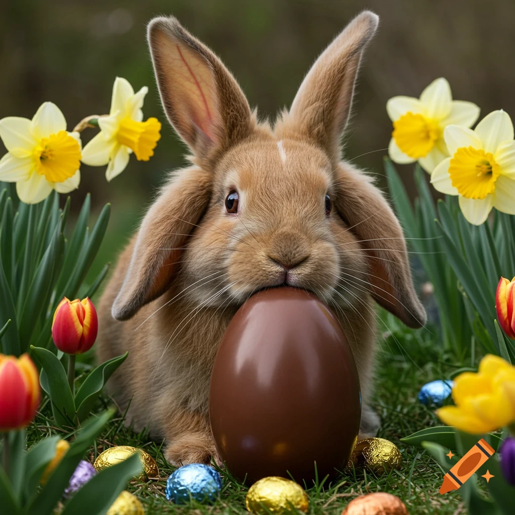 A brown Easter bunny holds a large chocolate egg amongst flowers and mini eggs in grass.