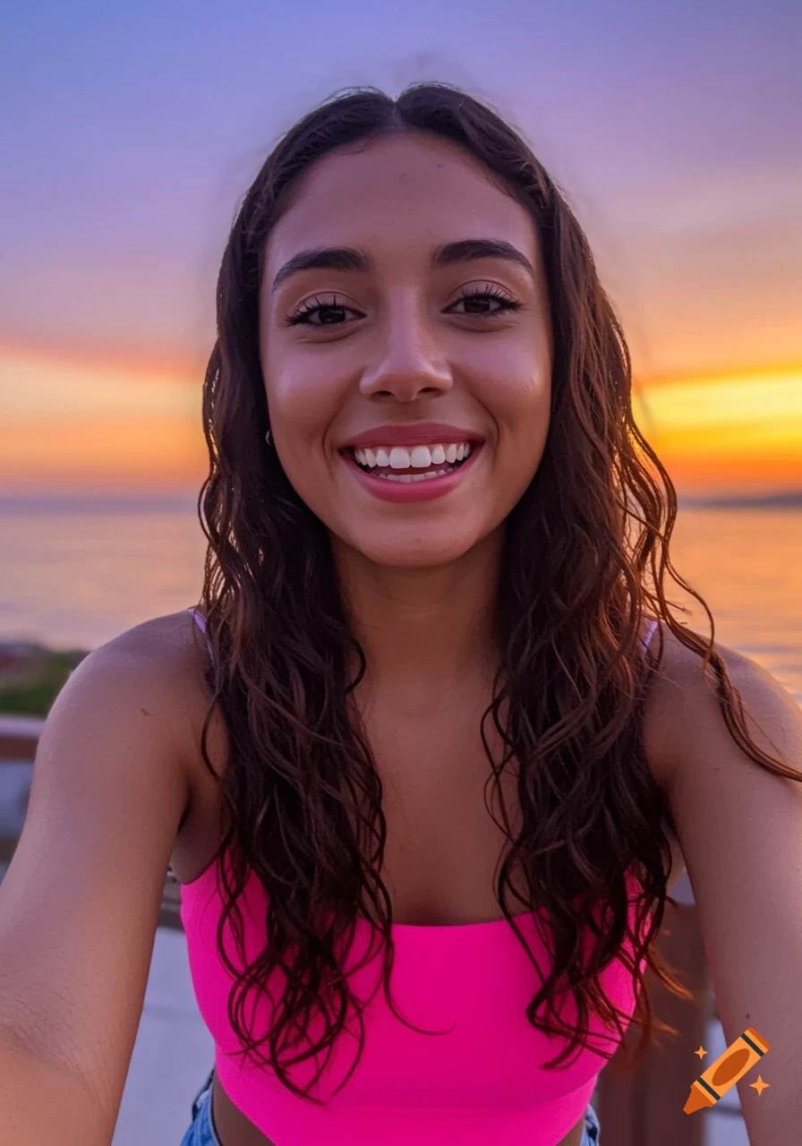 Smiling young woman in pink top taking a selfie at sunset.