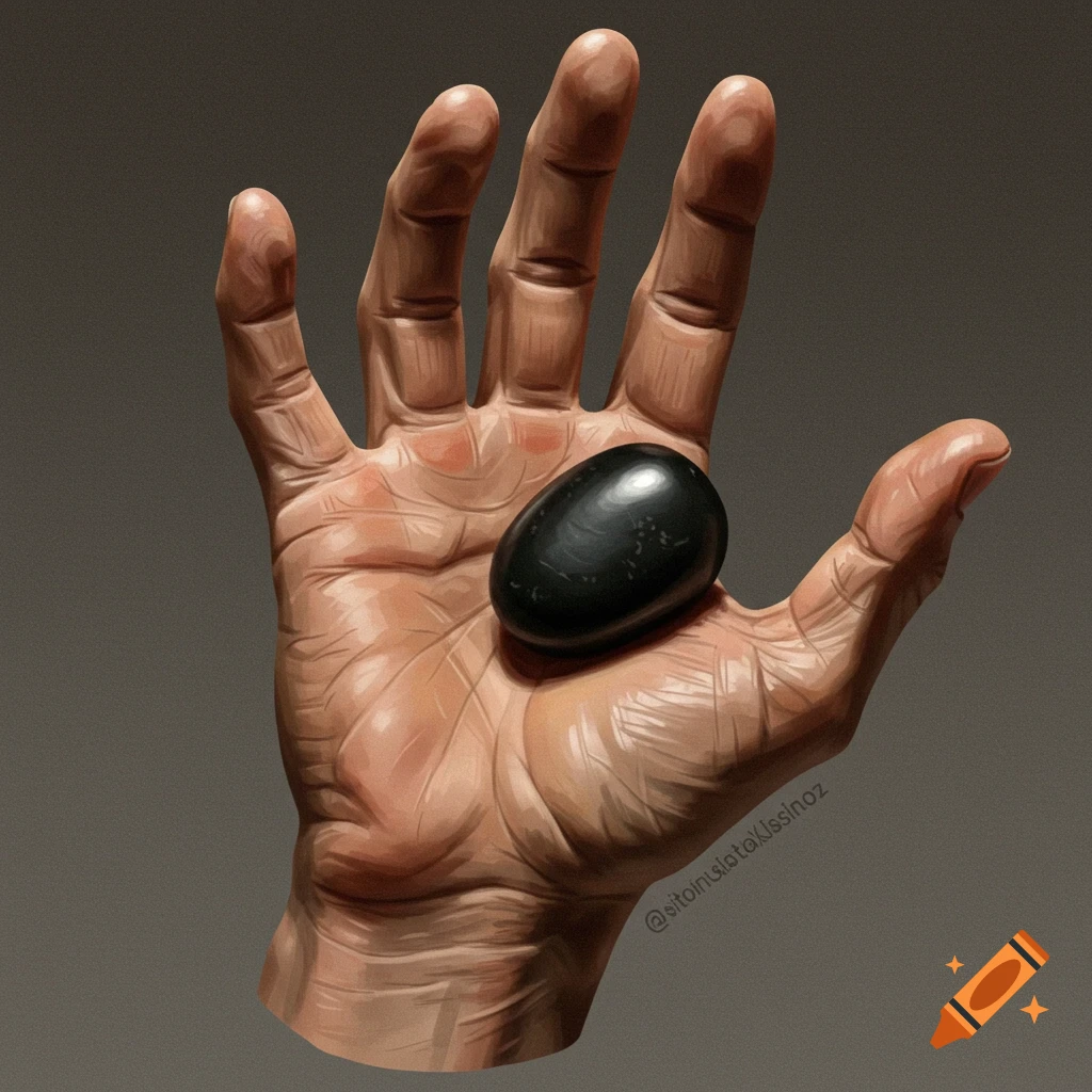 A hand holding a black oval stone
