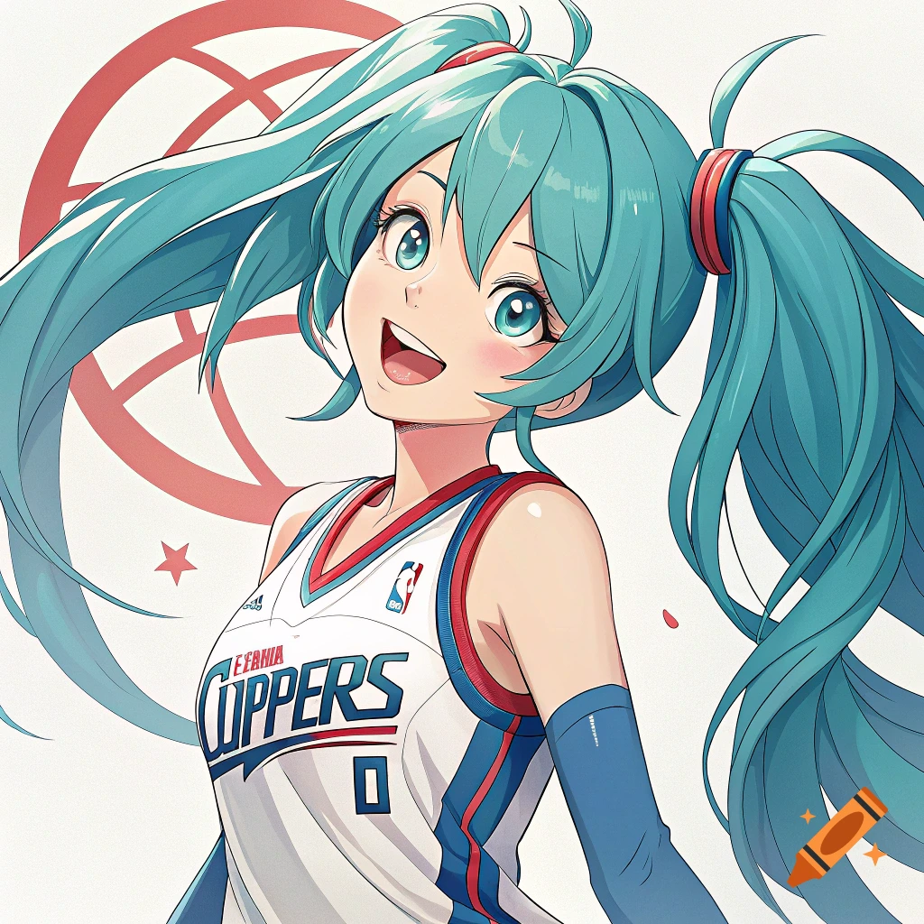 Anime illustration of Hatsune Miku in a white basketball jersey with blue and red trim