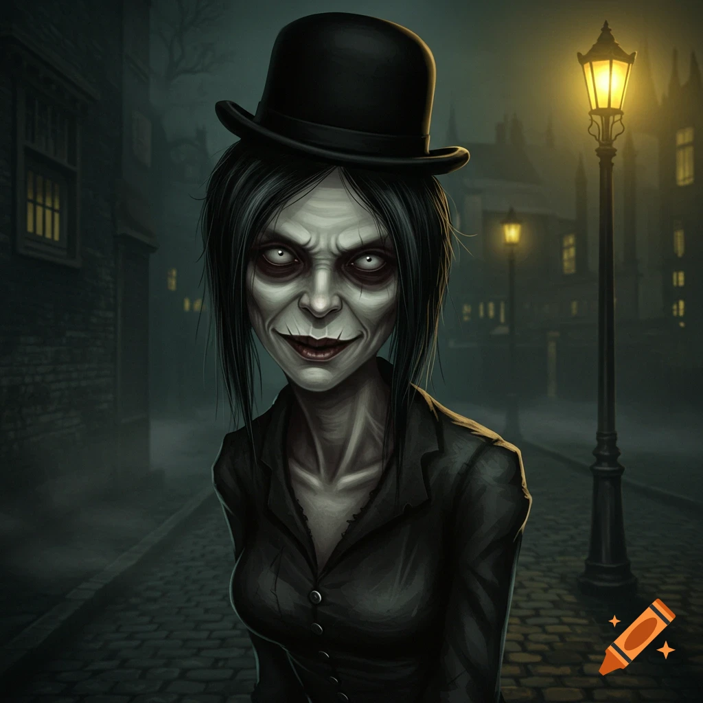 A creepy woman in a bowler hat stands on a dark street at night.