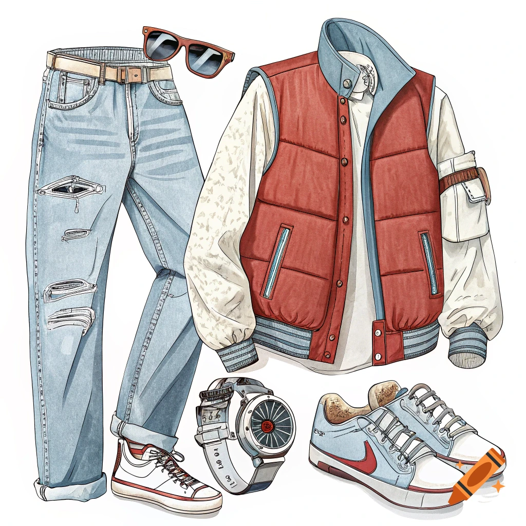 Lay-flat illustration of a Marty McFly inspired outfit with ripped jeans, puffer vest, shirt, sneakers, sunglasses, and watch.