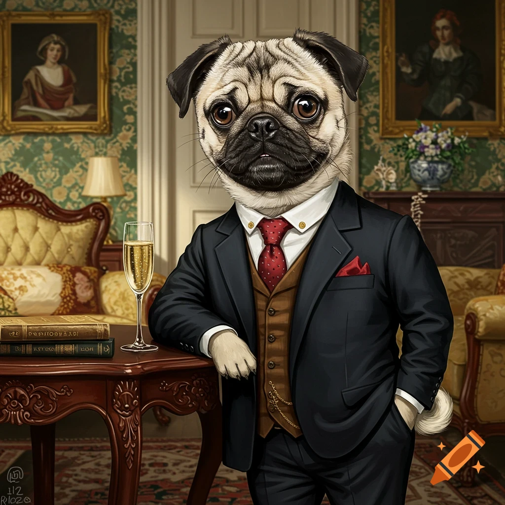 A pug in a suit and vest leans on a table in a formal room with books and champagne.