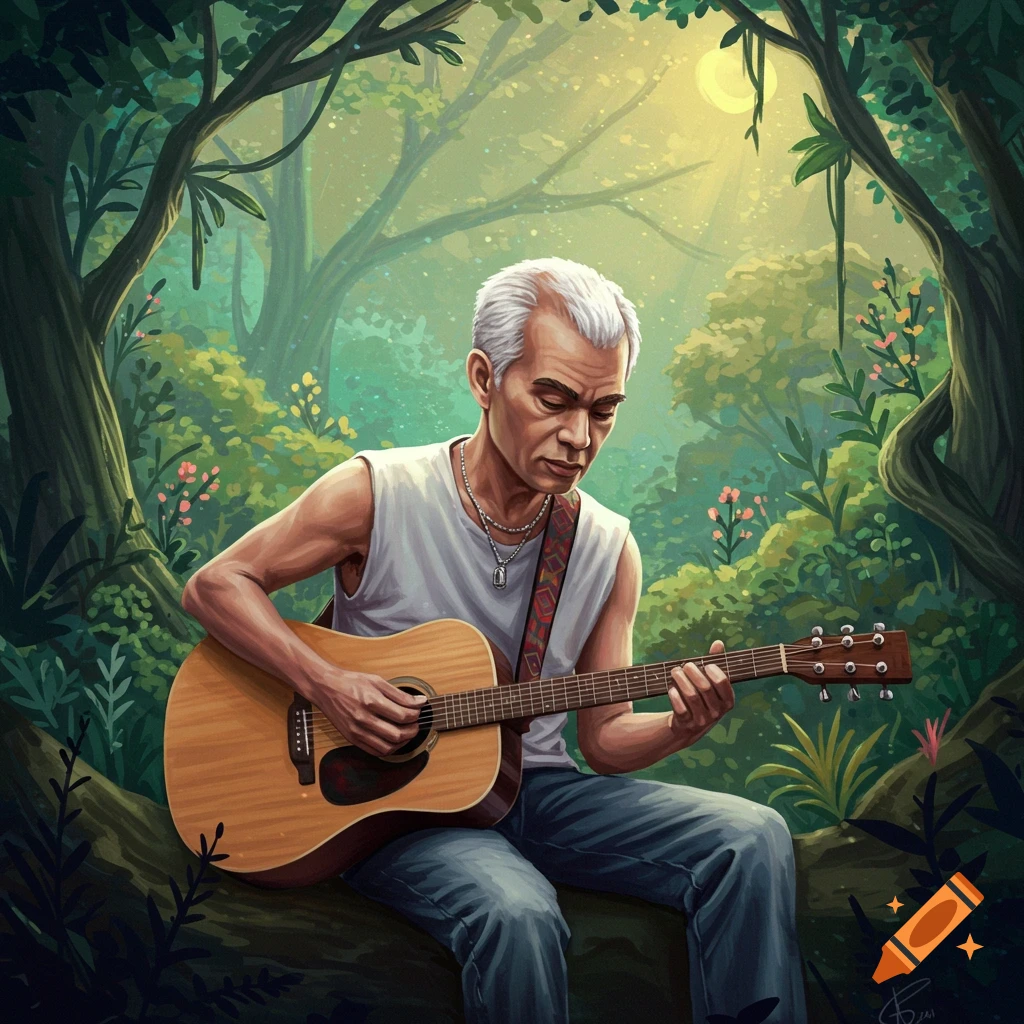 A man plays an acoustic guitar while sitting on a log in a lush forest.