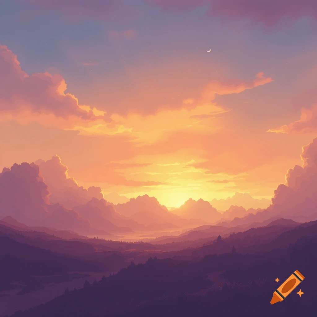 A mountainous landscape at sunset with colorful clouds.
