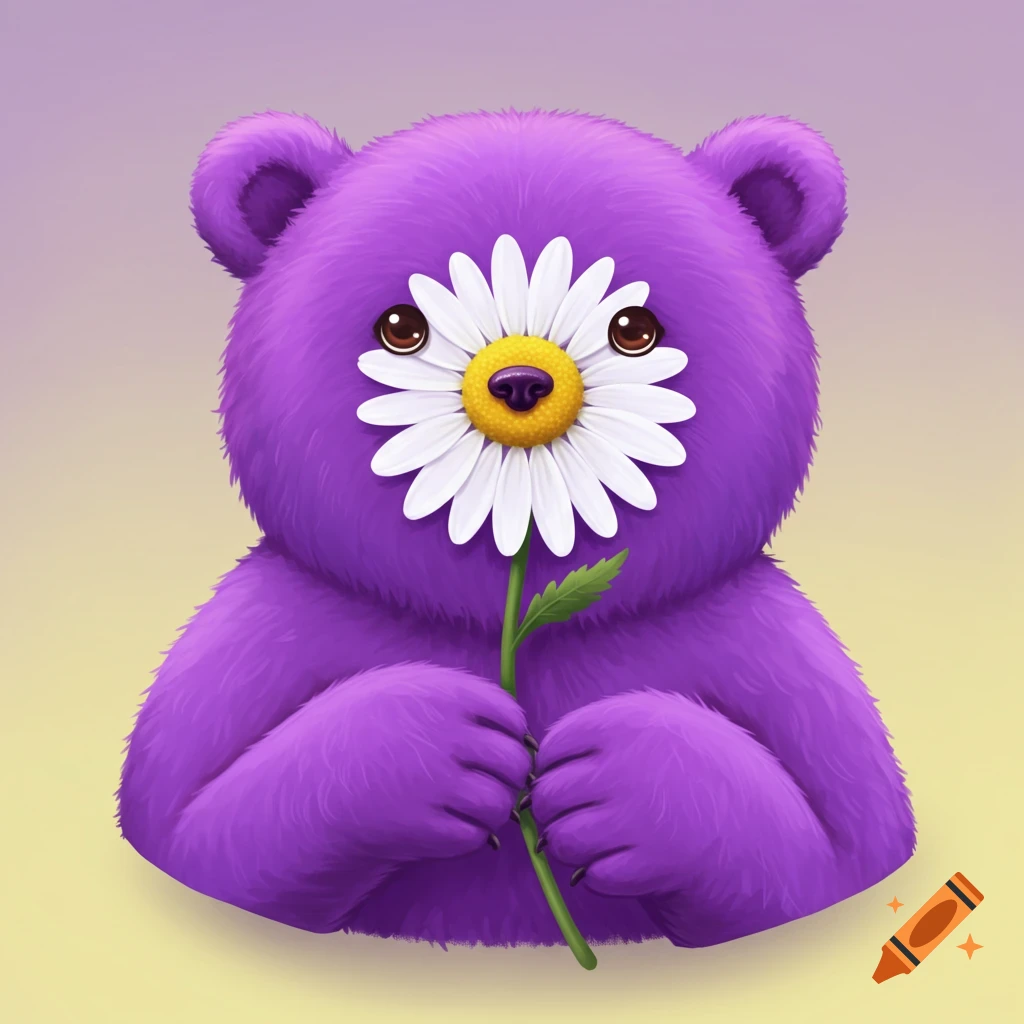 A cute purple bear holding a white daisy.