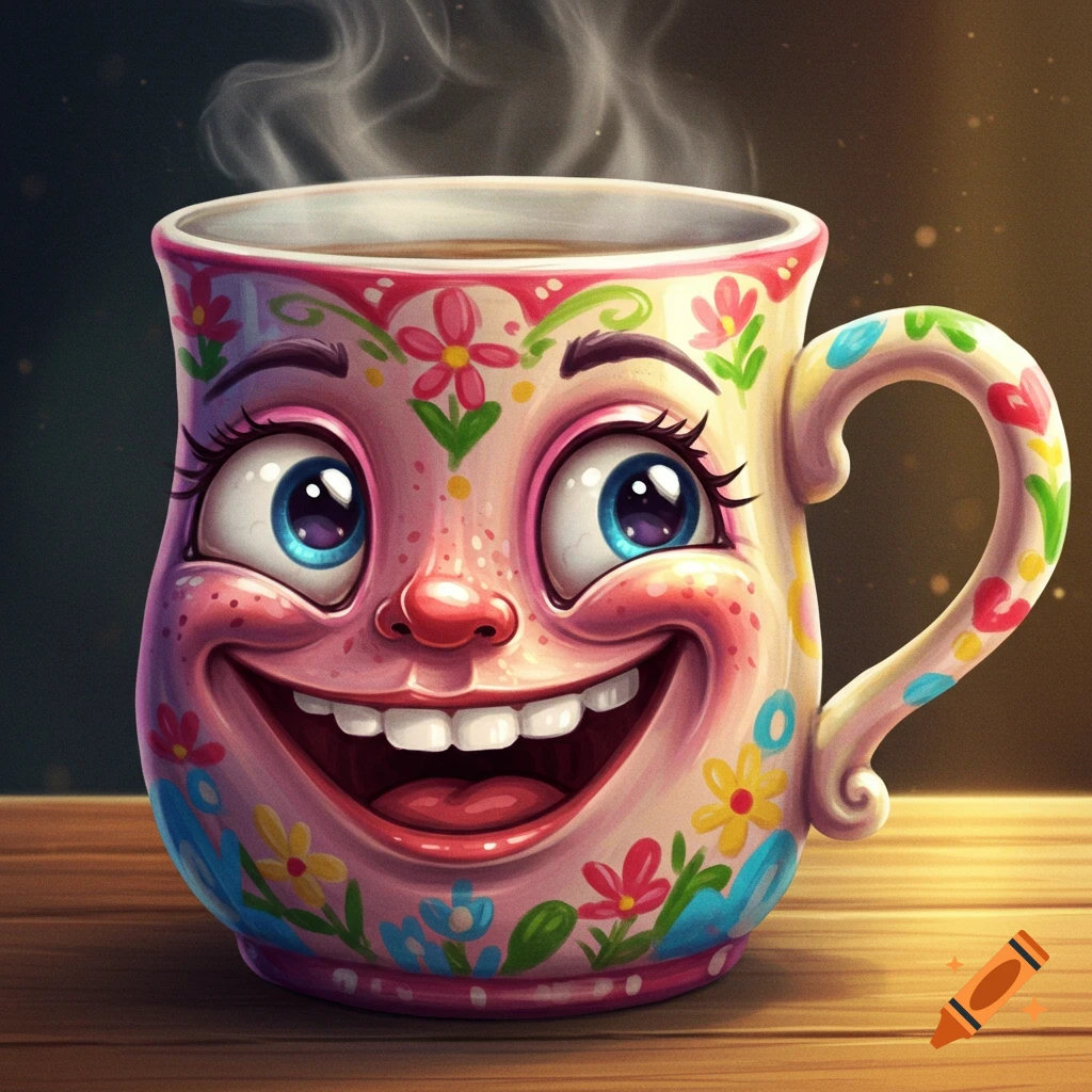 A happy anthropomorphic mug decorated with flowers, steaming on a wooden table.