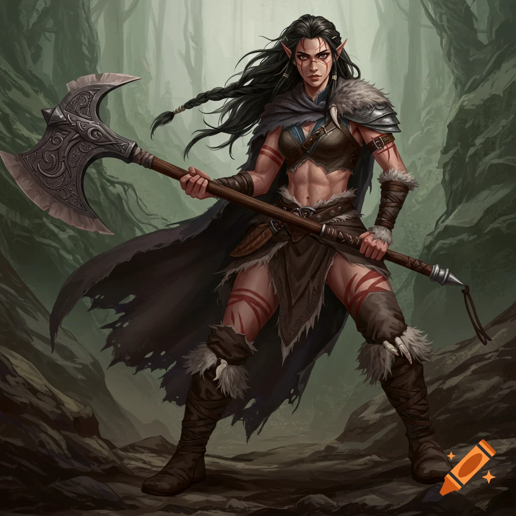 A fantasy warrior elf with an axe stands in a forest clearing.