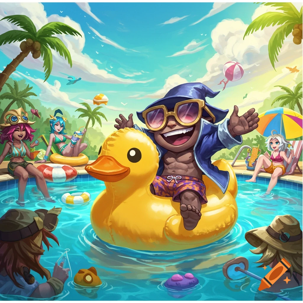 Cartoon characters having a pool party, one rides a giant rubber duck float.
