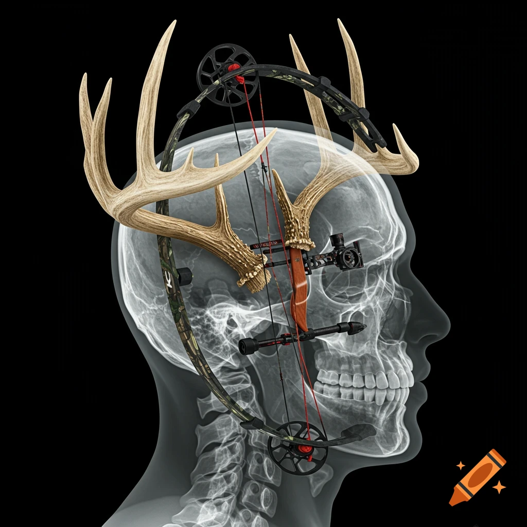 An X-ray view of a human skull containing deer antlers and a compound bow where the brain would be.