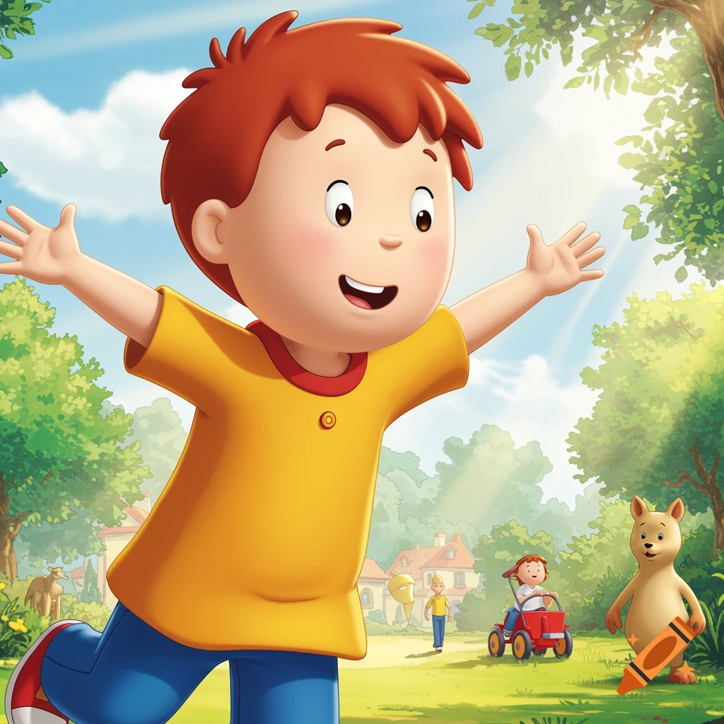 A boy with red hair smiles with arms raised in a sunny park, rendered in a 3D animation style.