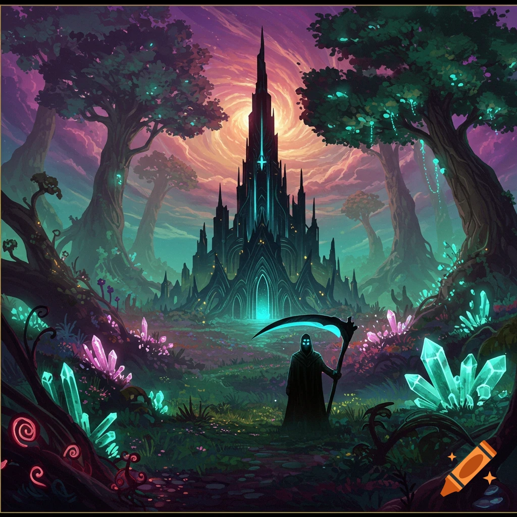 A dark castle in a mystical forest landscape with large glowing trees, crystals, and a cloaked figure holding a scythe.