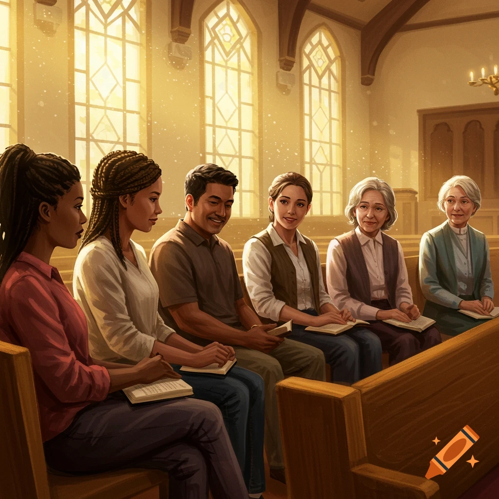 A group of people reading books in a church pew.