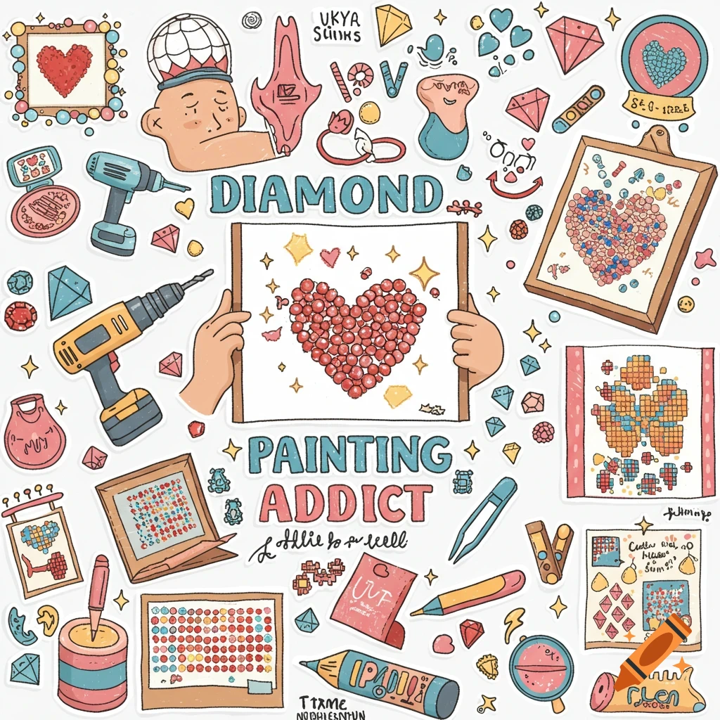 A sticker set featuring elements related to diamond painting, including drills forming hearts, tools, diamonds, and text that says 'Diamond Painting Addict'. Illustrated style.