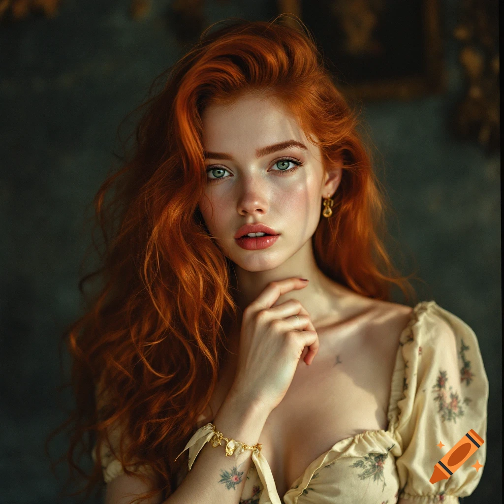A photorealistic portrait of a young woman with long red hair, wearing a floral dress.