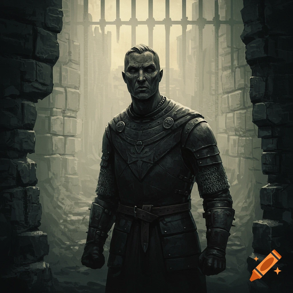 Stern man in dark armor stands in a gloomy stone dungeon doorway.