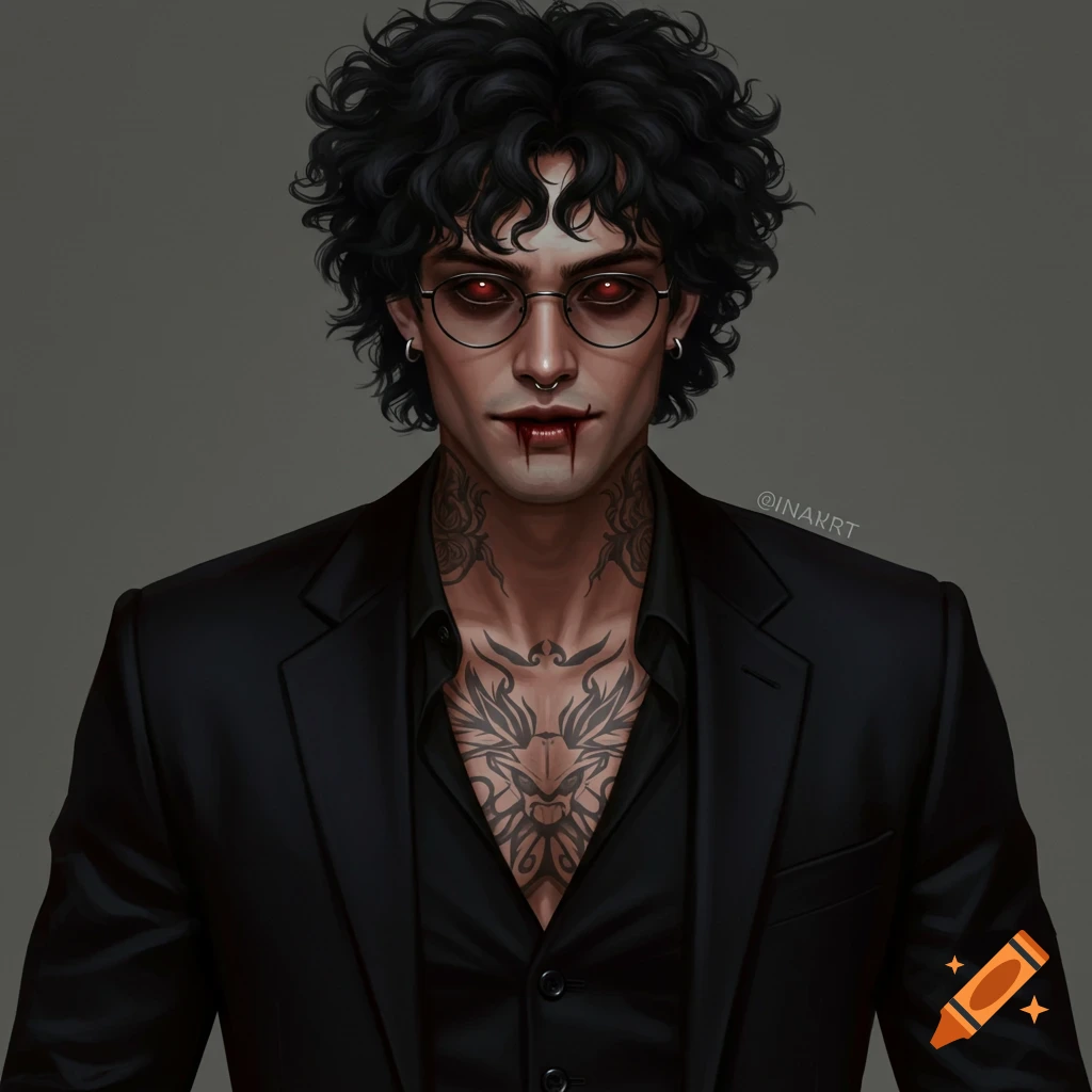 A man with dark curly hair, glasses, red eyes, blood on lips, tattoos, and a black suit.