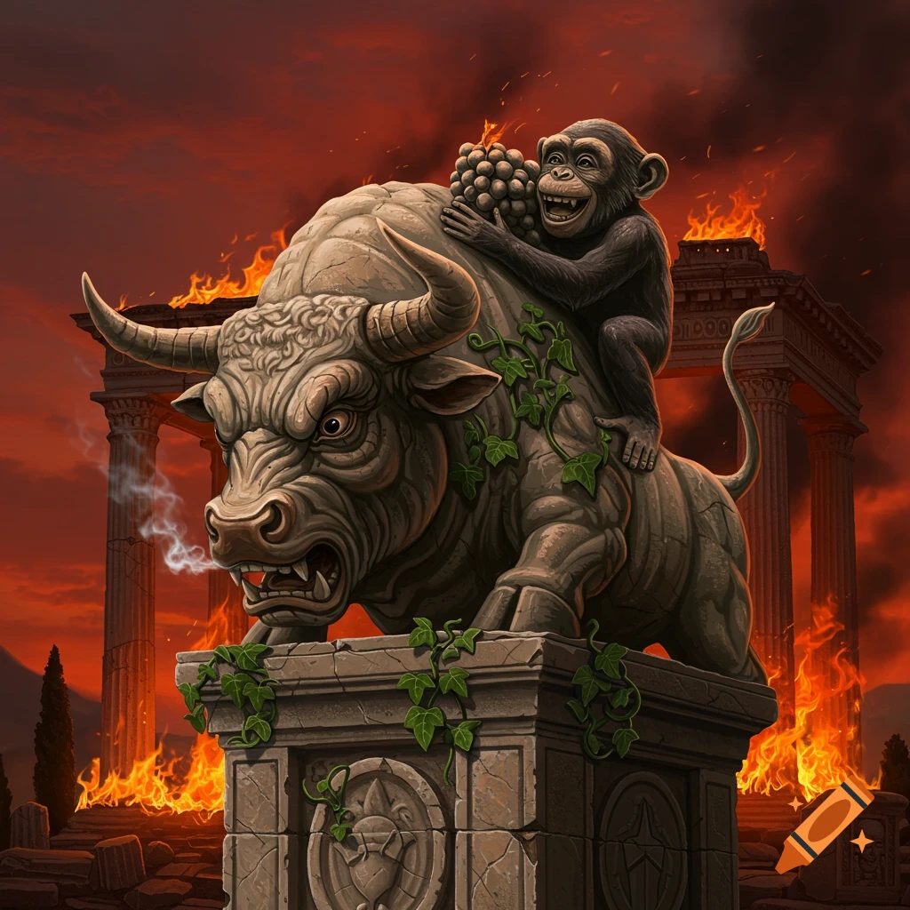 A stone sculpture of a raging bull with a monkey holding grapes on its back stands amidst burning classical ruins under a red sky.