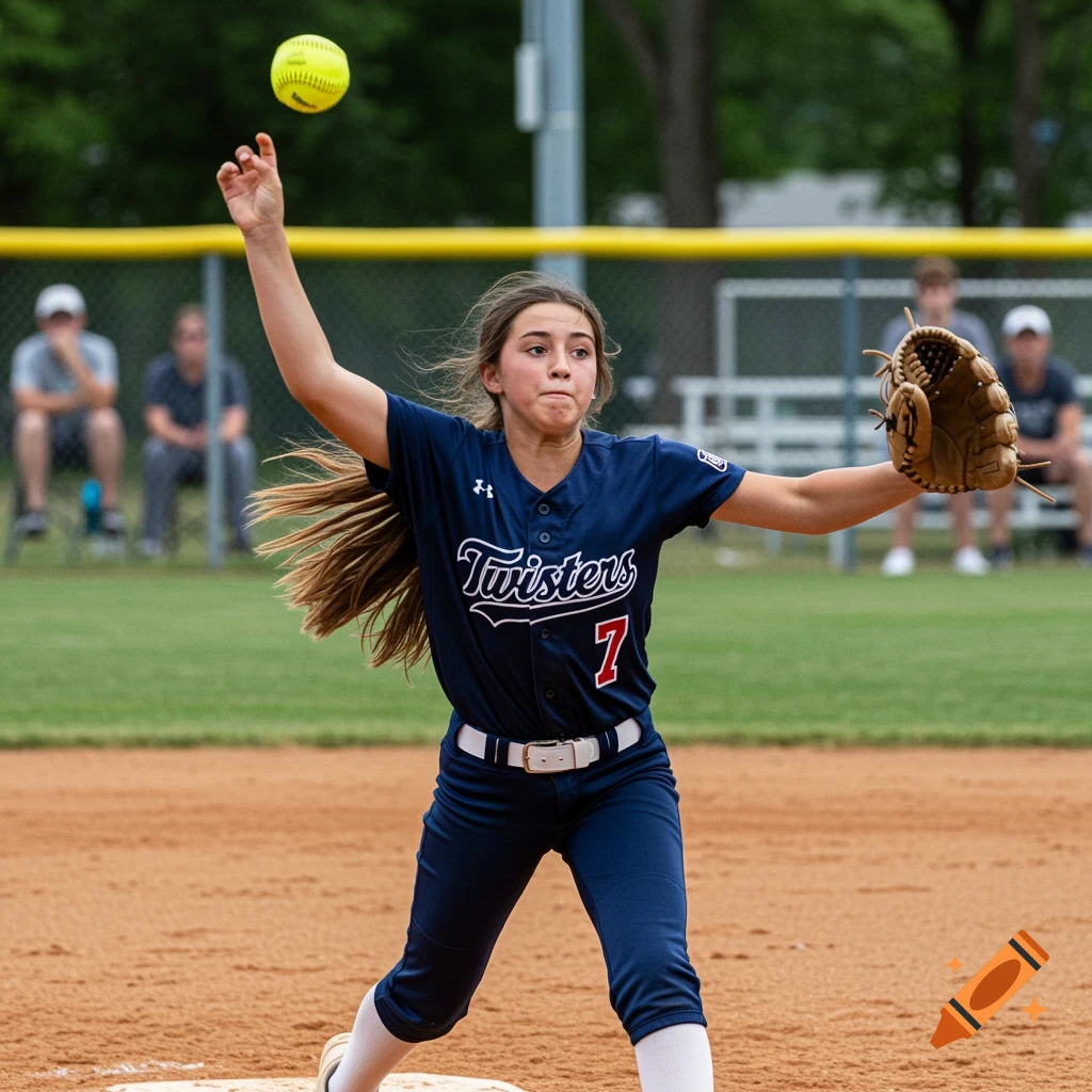 Young girl pitching a softball during a game