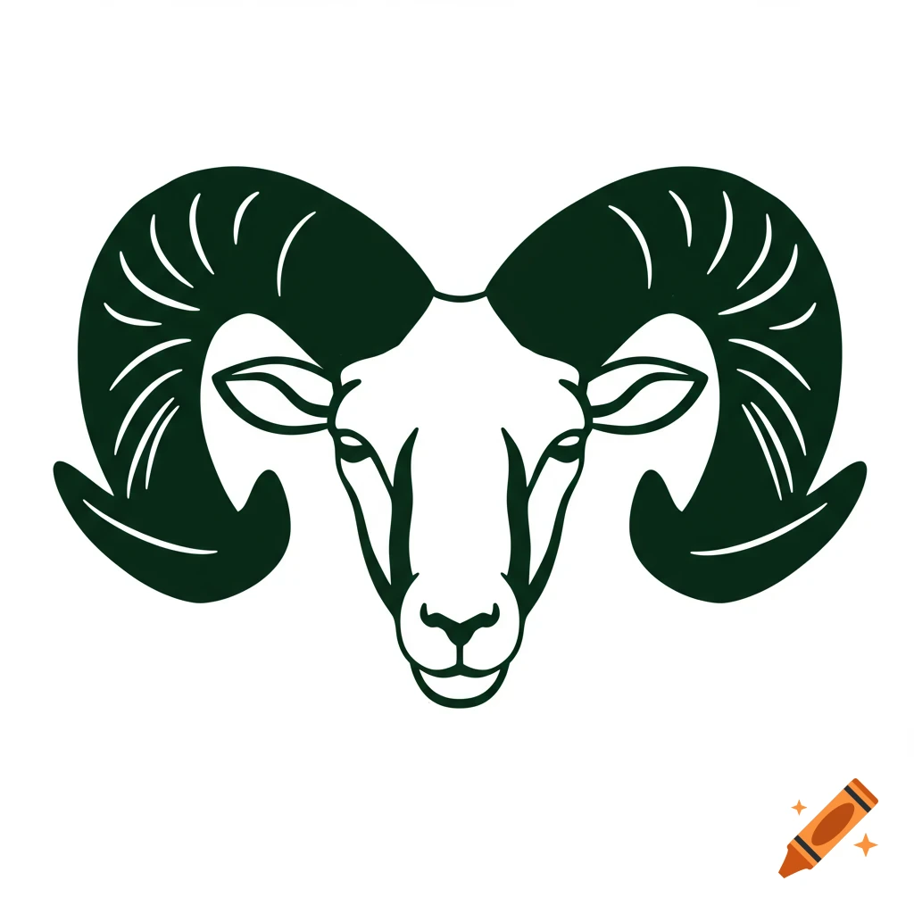 A minimalistic doodle illustration of a dark green ram head with large horns.