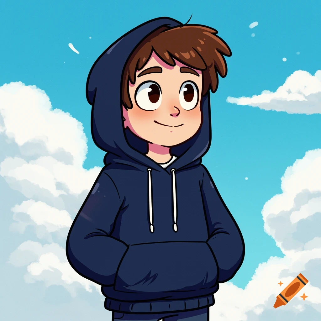 A cheerful cartoon boy in a navy blue hoodie stands against a bright blue sky with white clouds, hands in pockets, in a playful illustration style.