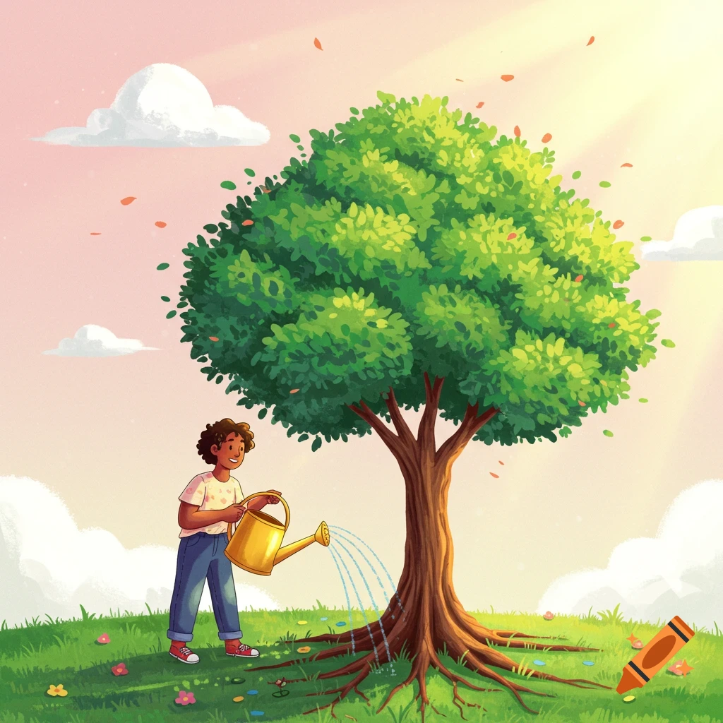 A person waters a tree in a sunny field, illustrated.