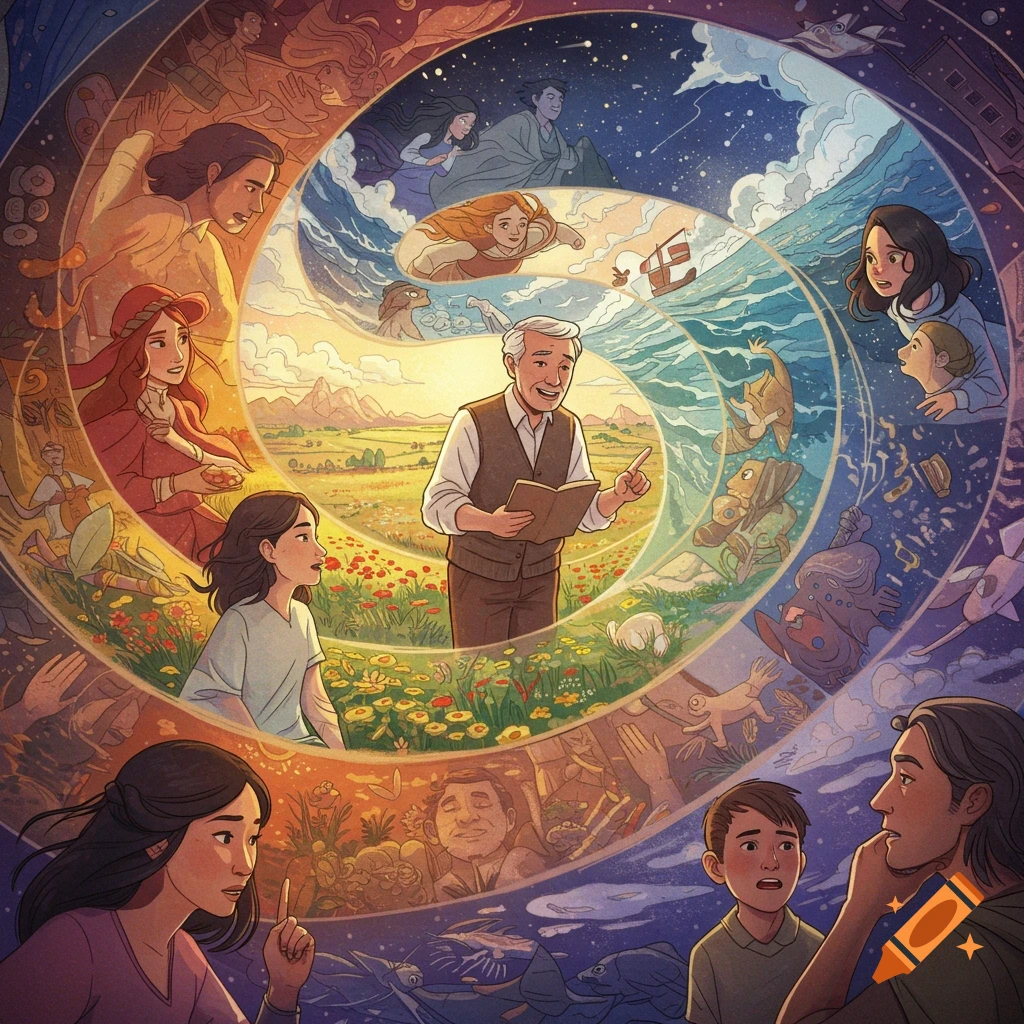 Digital illustration of a spiral showing different scenes flowing from a man reading a book, depicting the impact of stories.