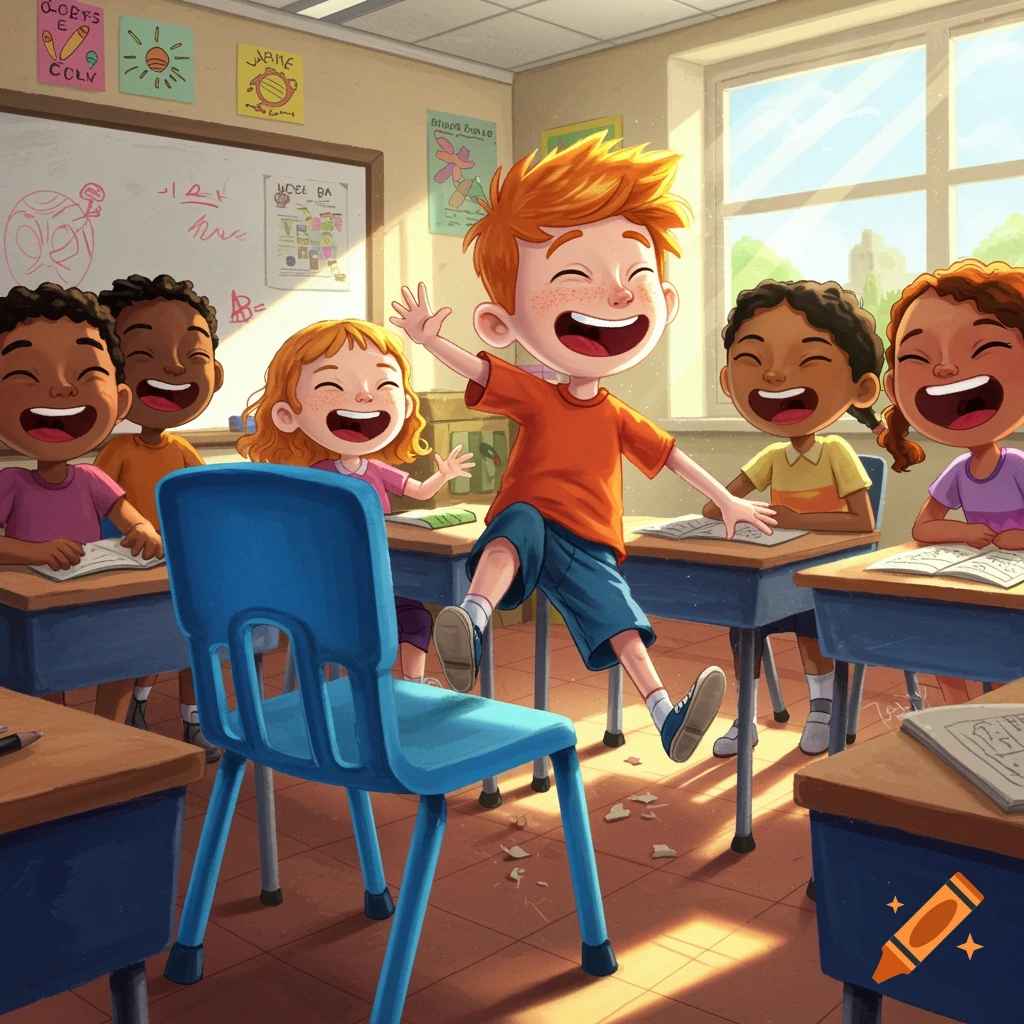 Cartoon illustration of a boy falling out of a chair in a classroom while other children laugh.