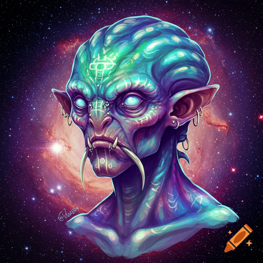 A blue and purple alien creature with fangs is shown against a galaxy background.