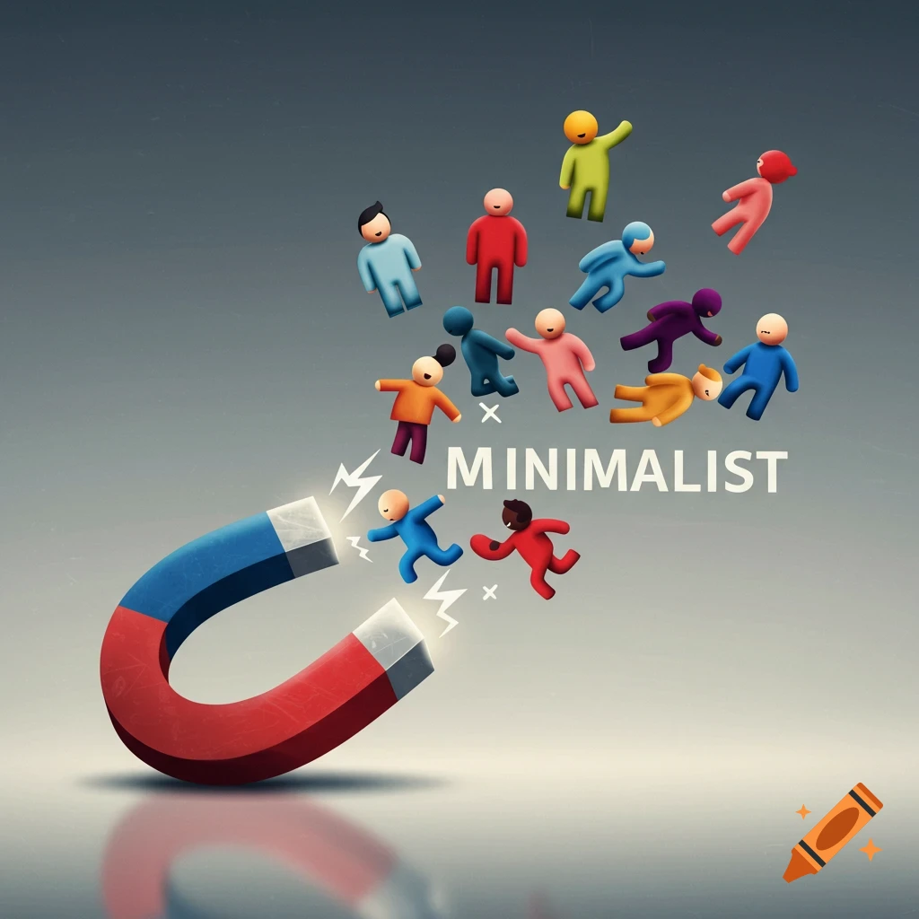 A magnet pulling minimalist figures, with the word MINIMALIST