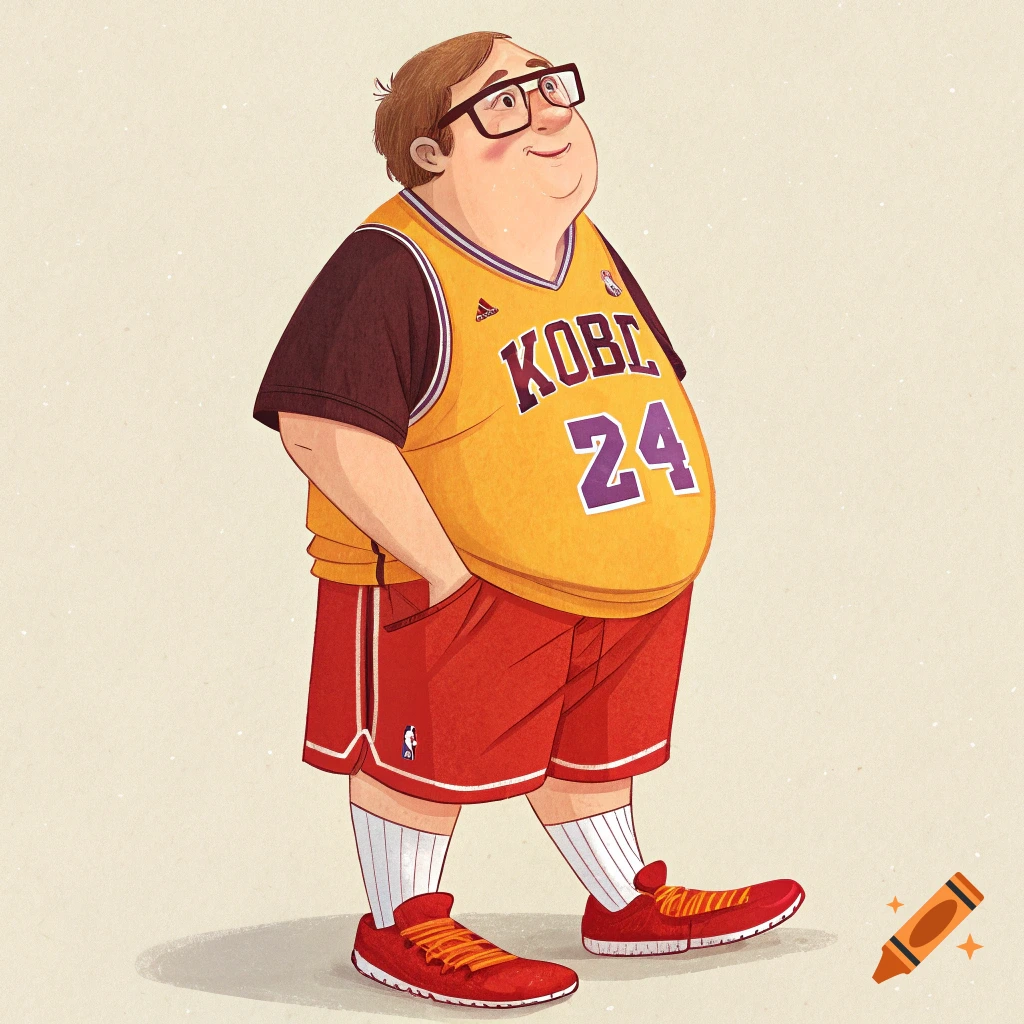 Cartoon illustration of an obese man wearing a yellow Kobe Bryant basketball jersey and red shorts, smiling and looking up.