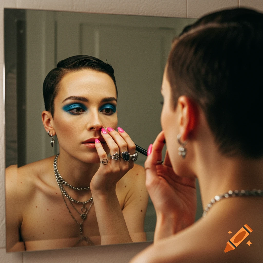 Person with blue eyeshadow applying makeup in mirror, wearing necklaces and rings