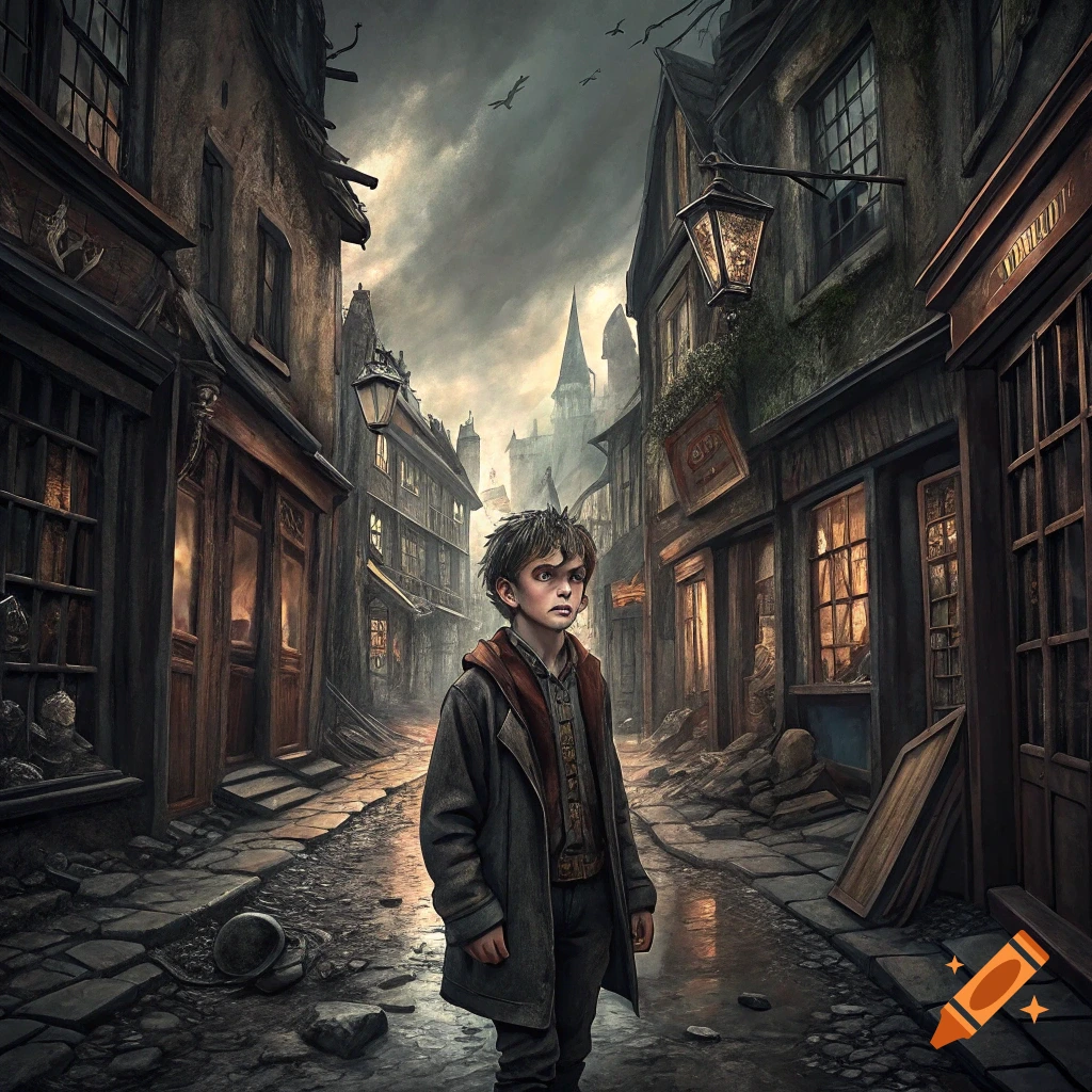 A young boy stands in a desolate, damaged fantasy street under a stormy sky.