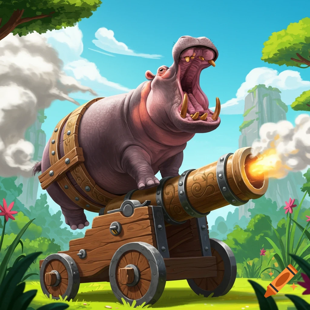 A cartoon hippo sits on a large cannon, which is firing, in a jungle landscape.