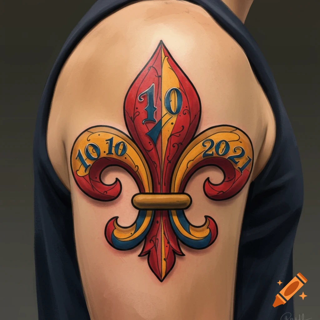 A colorful fleur-de-lis tattoo with numbers 10, 10, and 2021 on an arm.