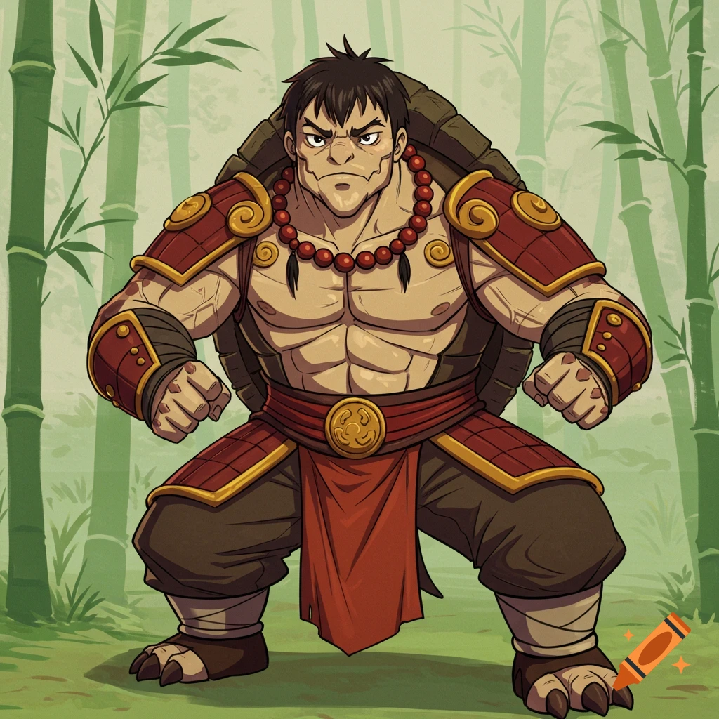 A muscular turtle man in red kung fu armor and a beaded necklace stands in a bamboo forest, anime style.