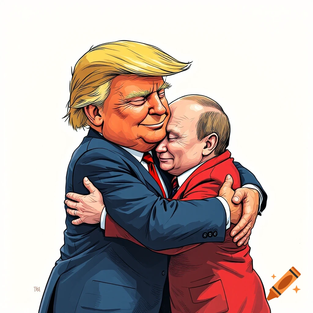 Cartoon caricature of Donald Trump and Vladimir Putin hugging