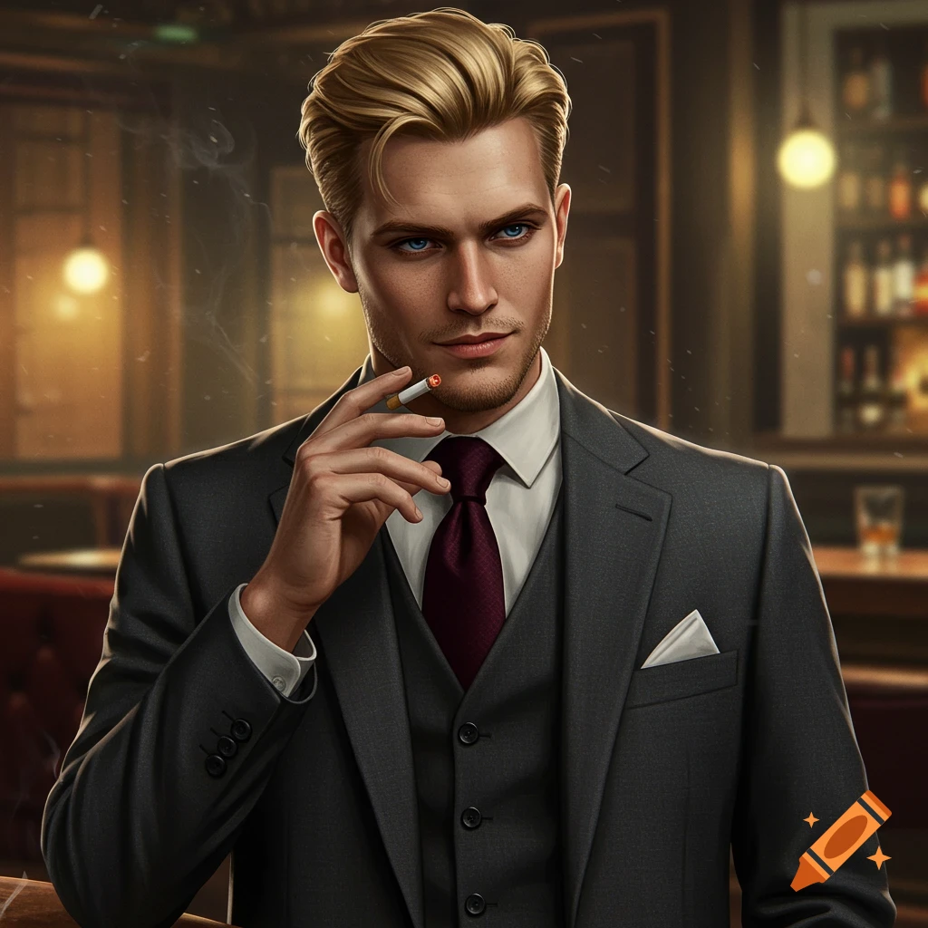 A blonde man in a suit smokes a cigarette in a bar.