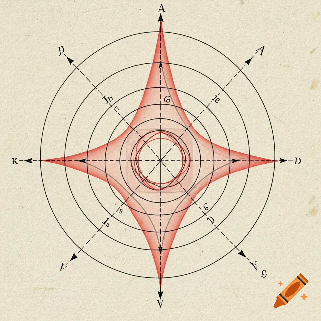 Geometric diagram with red shape over concentric circles and axes labeled with letters and numbers.