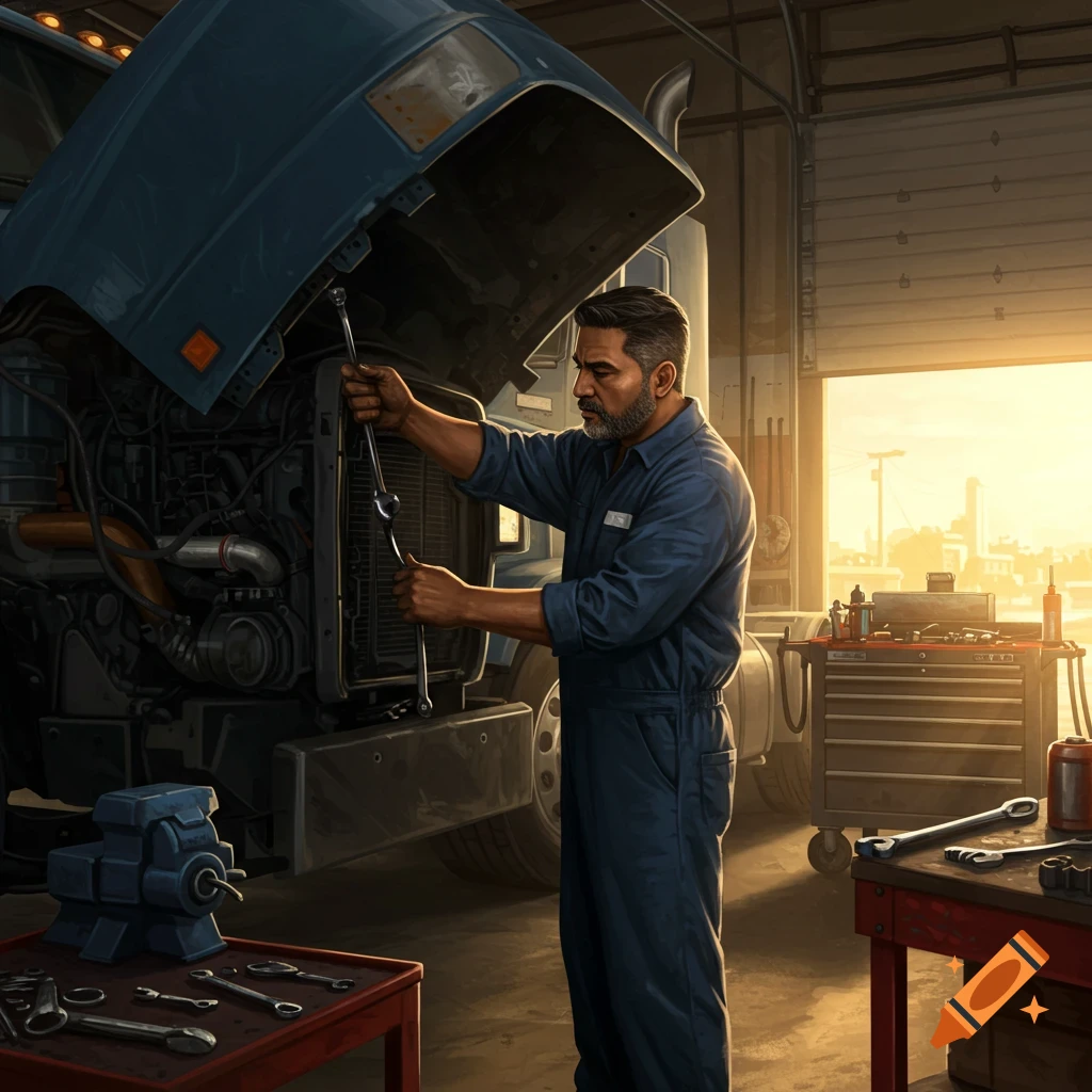 A mechanic working on a semi truck engine in a garage.